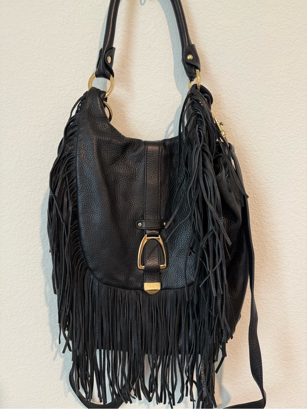 G.I.L.I. Black Leather Fringe Hobo Bag Backpack with Gold Hardware Accent - Picture 2 of 7